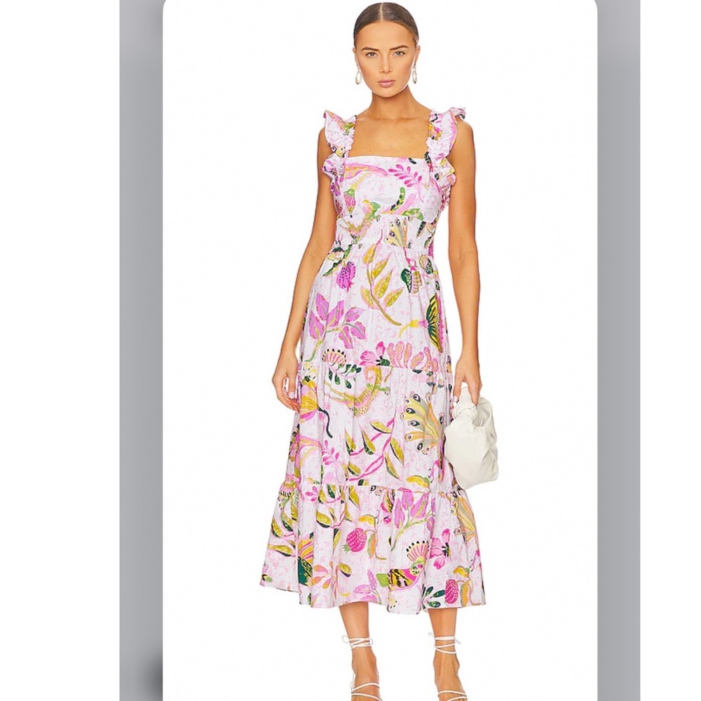 Banjanan Harriet Dress in‎ Spring Floral Pink Yellow Smocked Midi Dress Size M